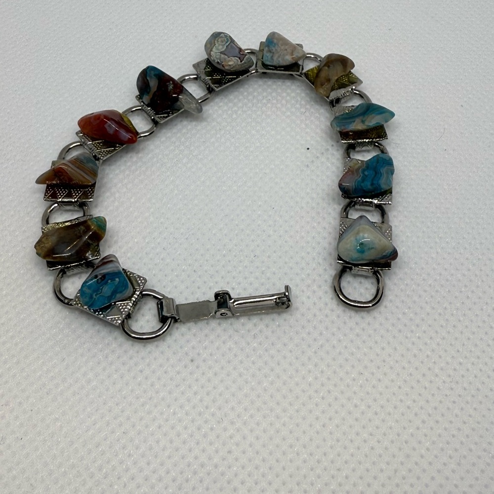 Vintage Scottish Pebble Agate Elegant Stone Silver Bracelet - Picture 7 of 11